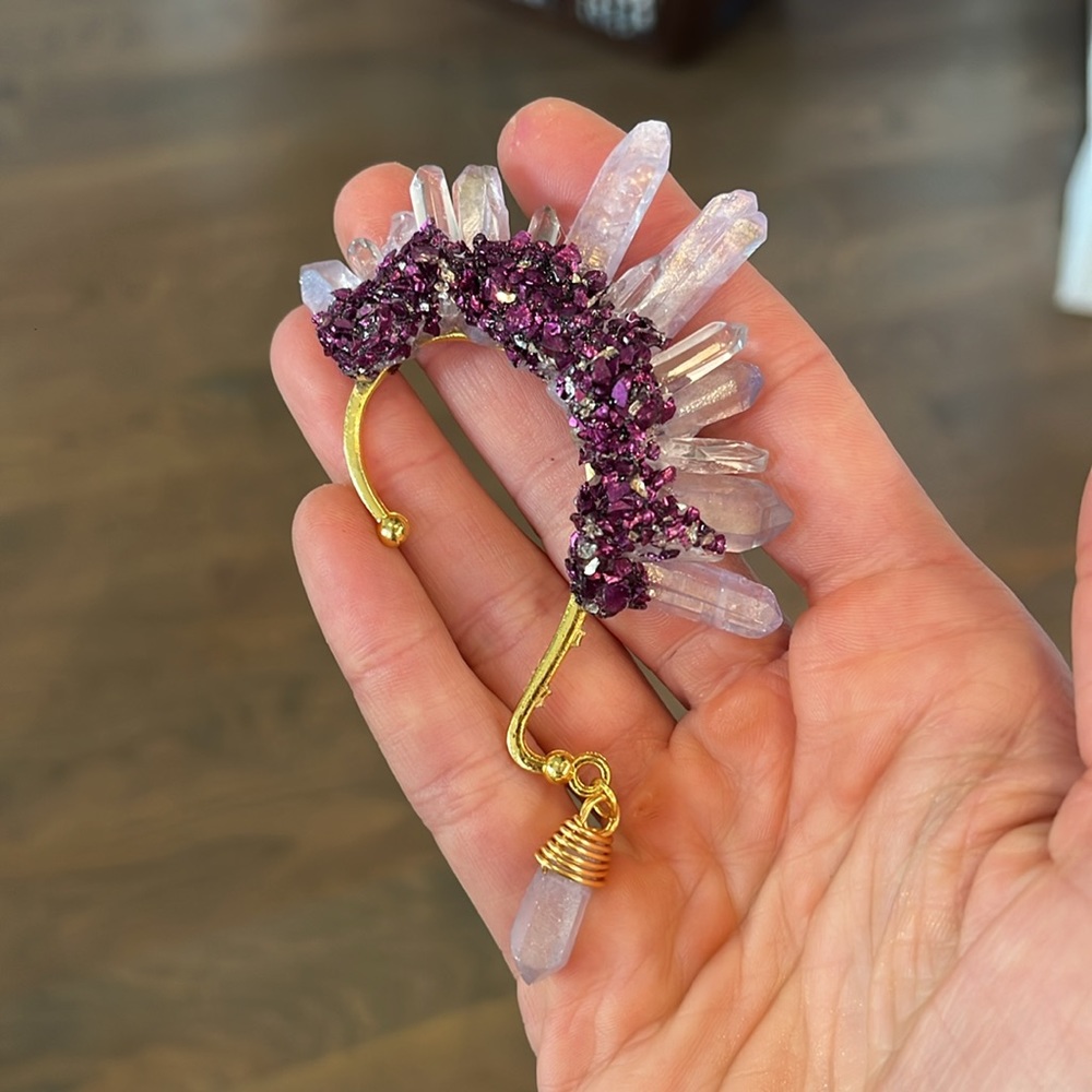 Amethyst crystal ear cuff pierce free earring with metallic purple accents